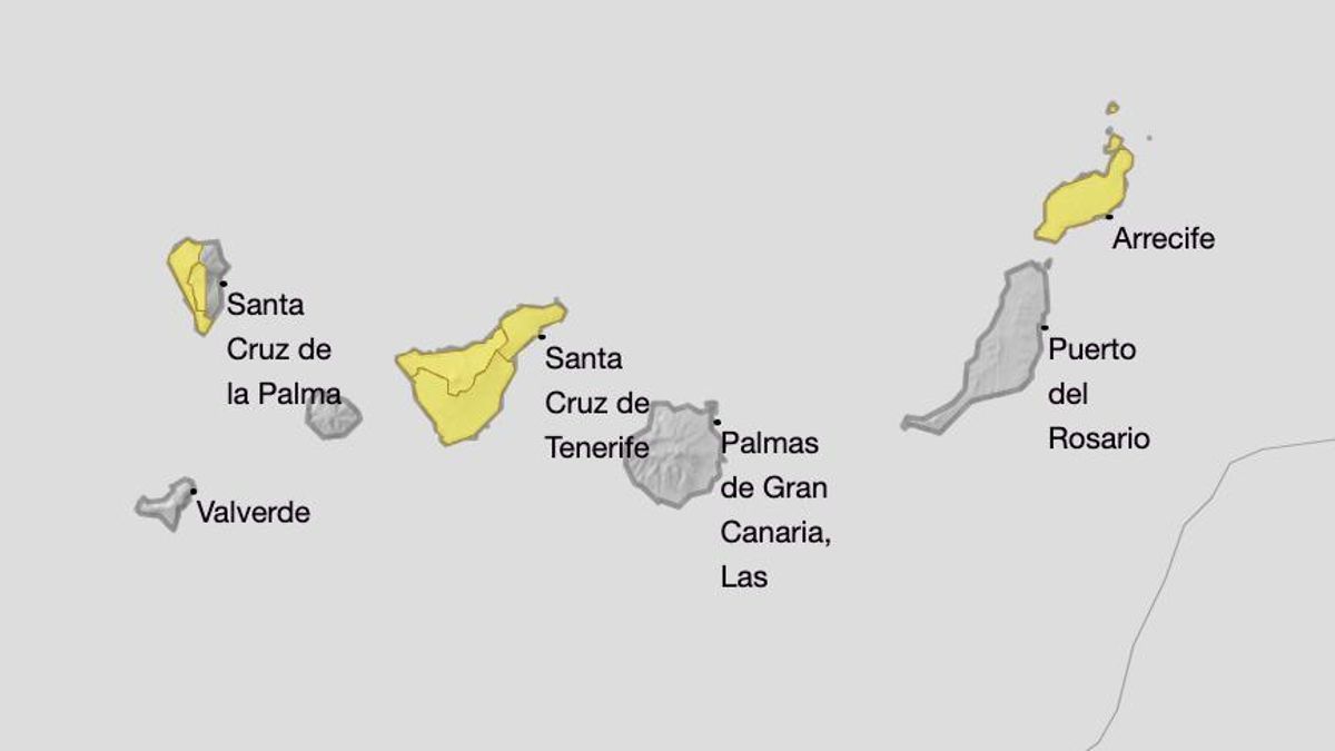 Mapa de la Aemet del aviso por lluvia el martes,  15 de octubre, en el oeste de La Palma, Tenerife y Lanzarote.