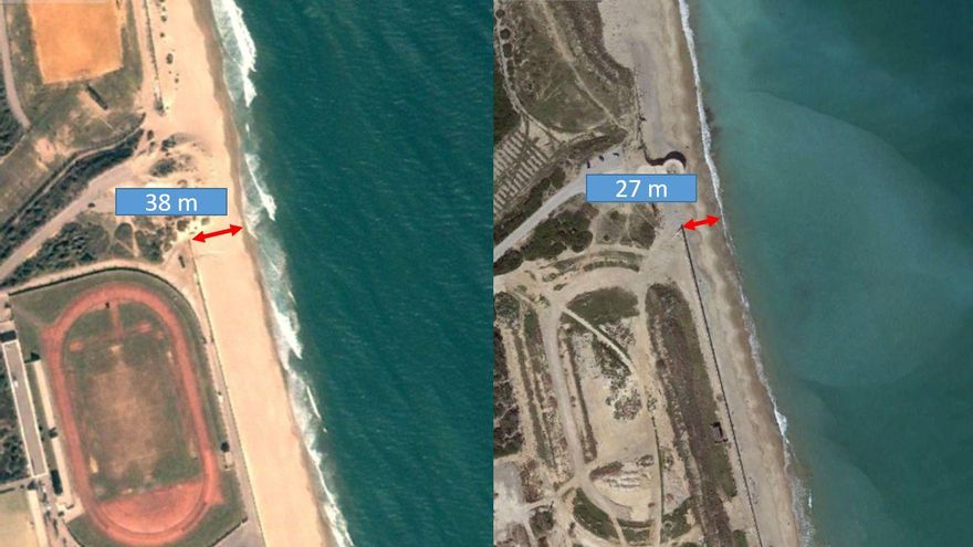 Imagen comparativa de la anchura de la playa de El Saler; a la izquierda año 2001 y a la derecha imagen actual.