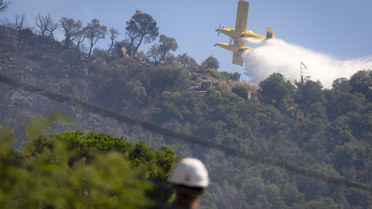 Una avioneta del servicio de Bomberos arroja agua sobre una colina próxima a la localidad de Calonge este sábado.