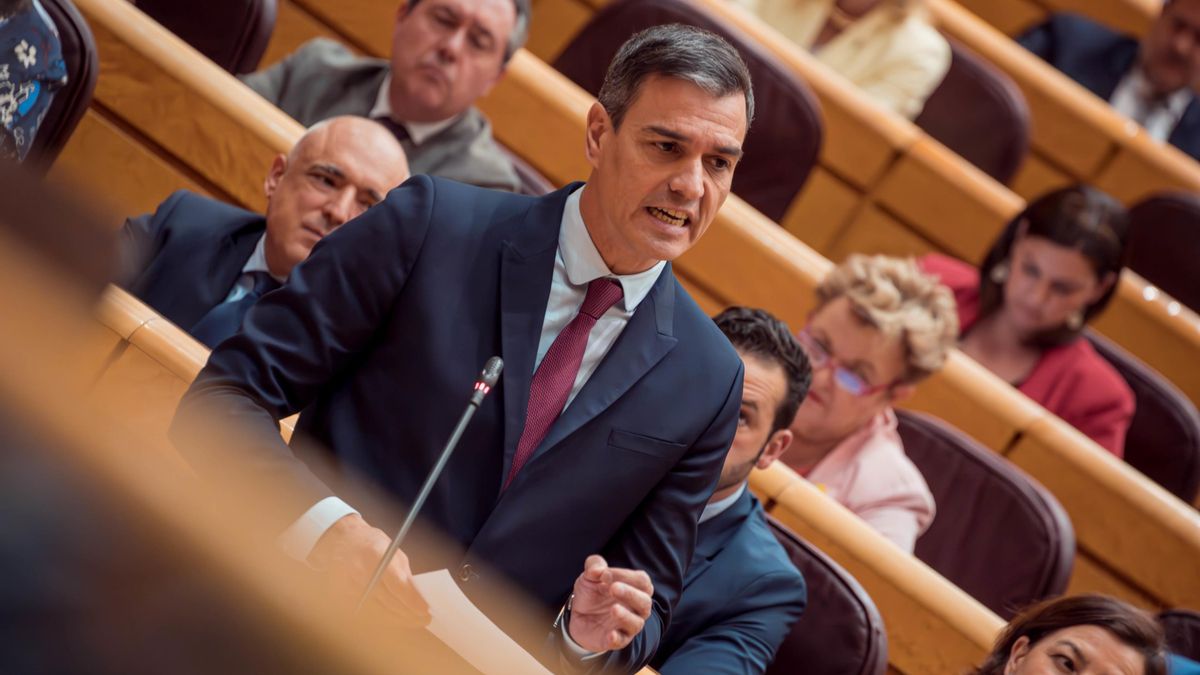 El presidente del Gobierno, Pedro Sánchez, interviene durante una sesión plenaria en el Senado, a 16 de mayo de 2023, en Madrid (España).