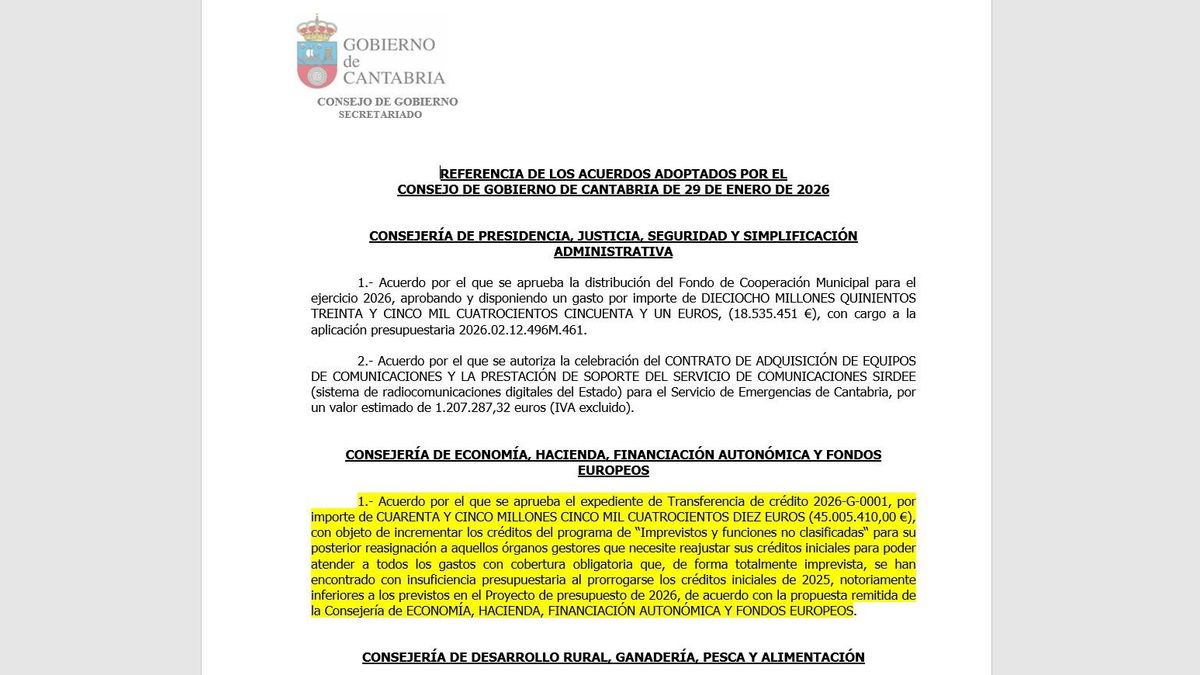 El Gobierno de Cantabria transfiere 45 millones al fondo de libre disposición sin explicar de dónde sale este dinero