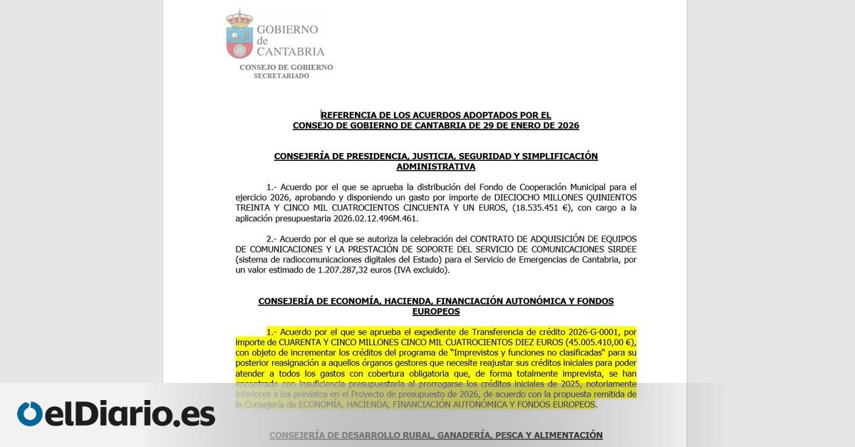 El Gobierno de Cantabria transfiere 45 millones al fondo de libre disposición sin explicar de dónde sale este dinero
