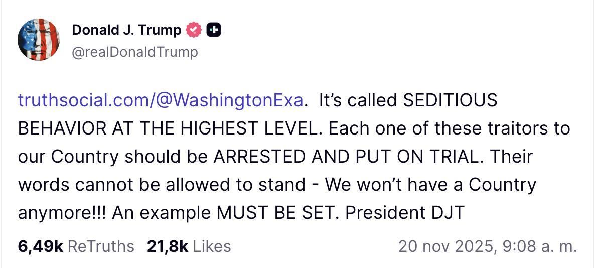 Truth Social contra los legisladores militares demócratas.