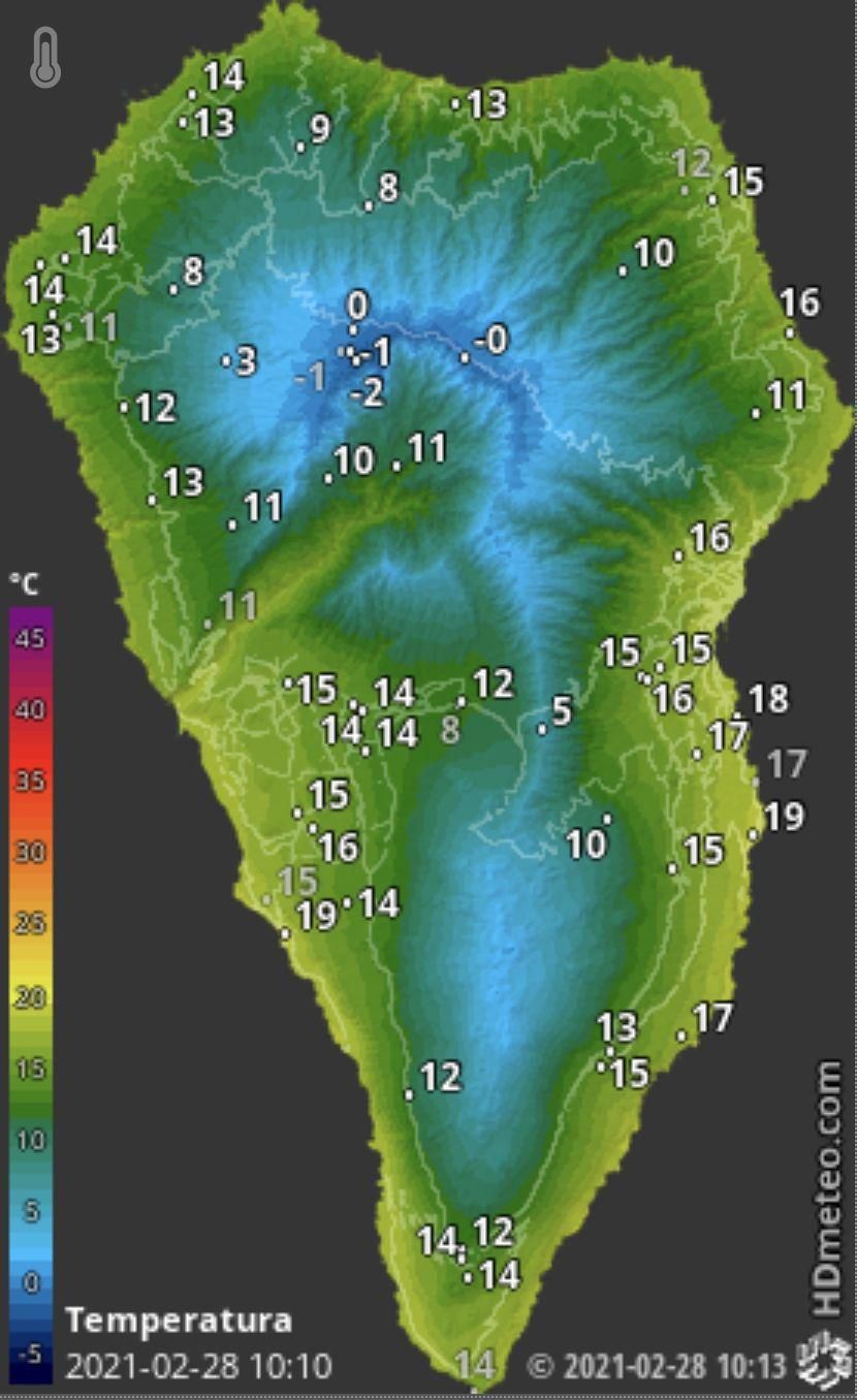 Mapa de HD Meteo La Palma donde se indica la temperatura que, a las 10.00  horas de este domingo, 28 de febrero, se registraba en distintos puntos de La Palma