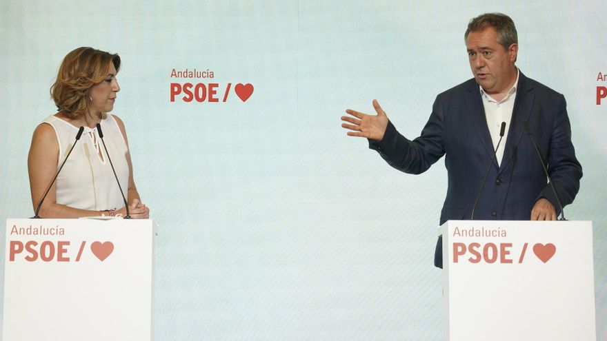 Rueda de prensa conjunta de la secretaria general del PSOE-A, Susana Díaz, y el candidato del PSOE-A a la Presidencia de la Junta, Juan Espadas, en la sede regional del partido