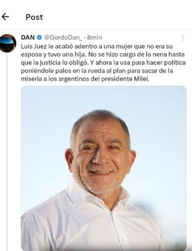 El posteo que borró el Gordo Dan donde atacaba a Luis Juez y a su familia.