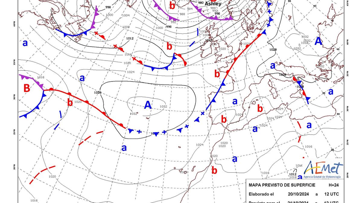 Mapa de isobaras elaborado por la Aemet para el 21/10/2024. 