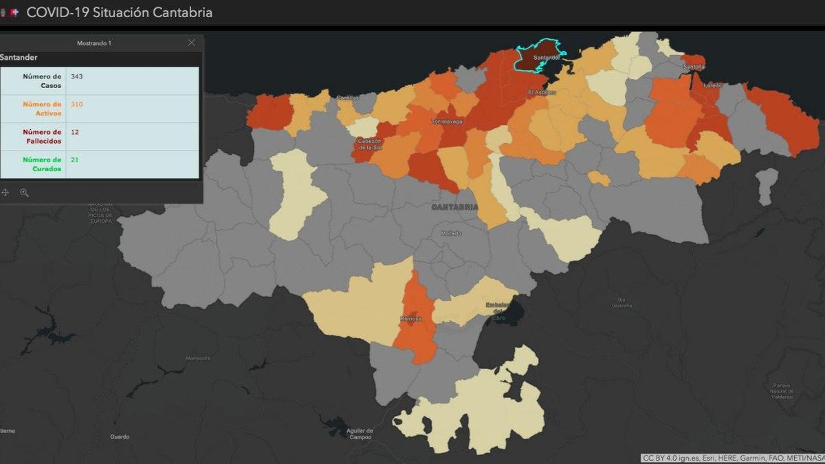 Mapa de la situación del coronavirus en los municipios de Cantabria. | GOBIERNO DE CANTABRIA