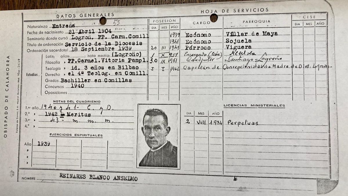 Ficha del párroco de Viguera que restauró las campanas ahora recuperadas