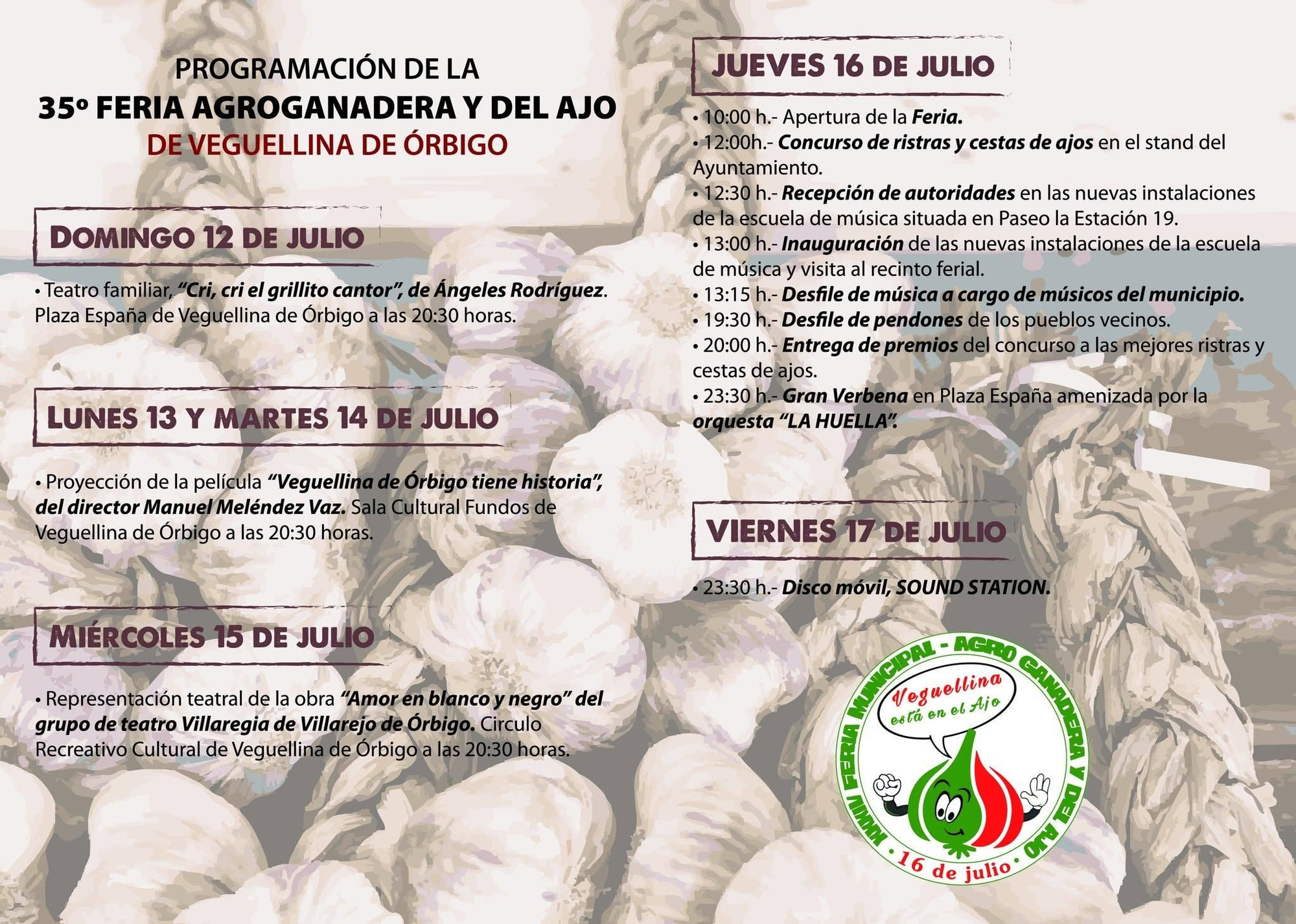 Programa de la XXXV Feria  Agroganadera y del Ajo de 2026 en Veguellina de Órbigo.