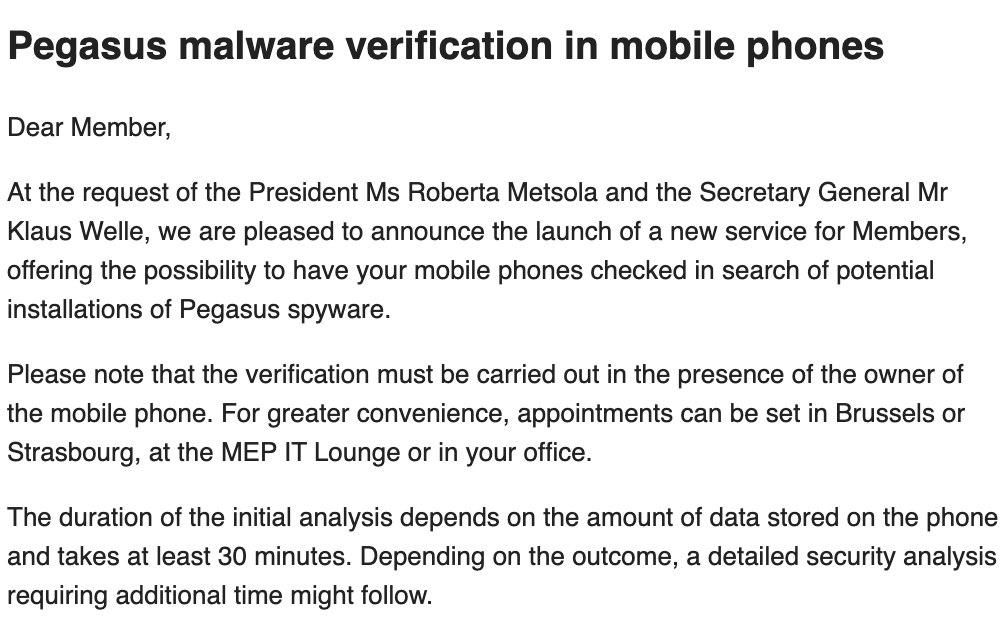 Mensaje del Parlamento Europeo en el que se ofrece el servicio de revisión de móviles por si están infectados con Pegasus.
