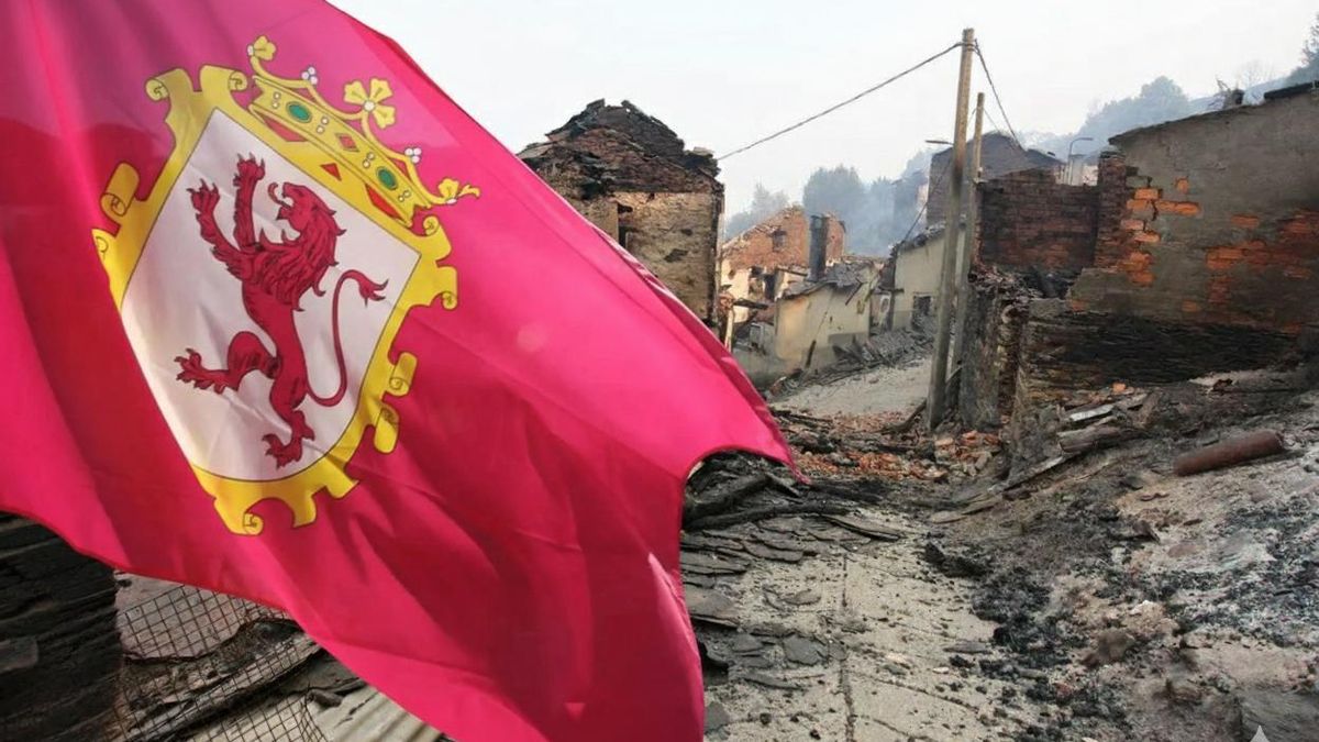 Una bandera de León ondeando sobre uno de los pueblos quemados en agosto de 2025.