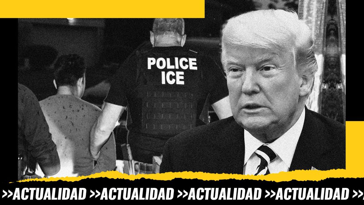 Montaje: Trump en una imagen de archivo sobre una foto de dos agentes de ICE arrestando a una persona en Houston