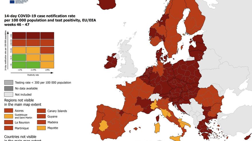 Mapa oficial de la UE sobre la situación del virus en los diferentes países y regiones a fecha 2 de diciembre