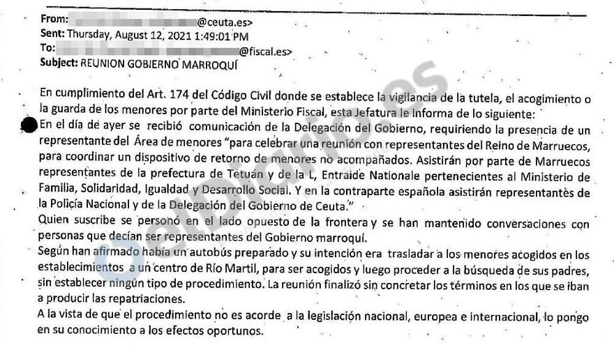 Correo electrónico que advierte al Fiscal de Ceuta de que la devolución de menores a Marruecos no es acorde a la ley
