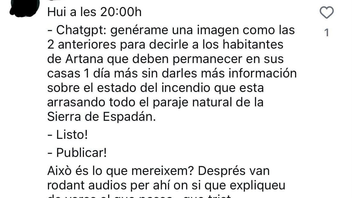 Uno de los comentarios supuestamente borrados de las redes sociales del Ayuntamiento de Artana.