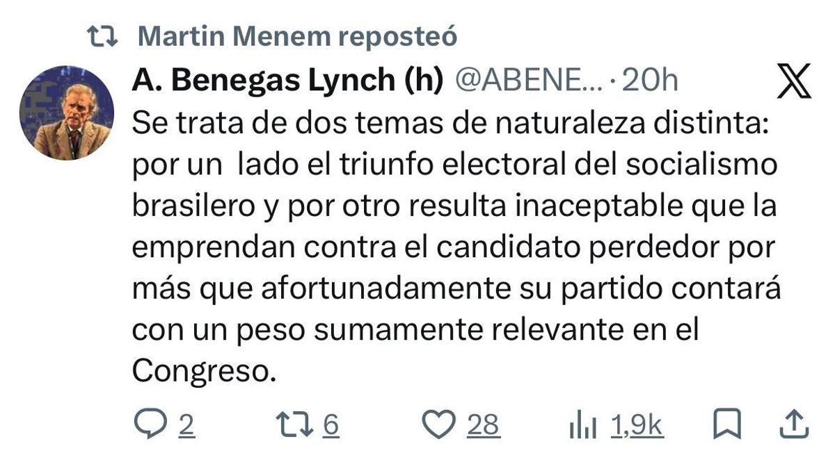 Martín Menem comparte la publicación de Benegas Lynch que reconoce la victoria de Lula