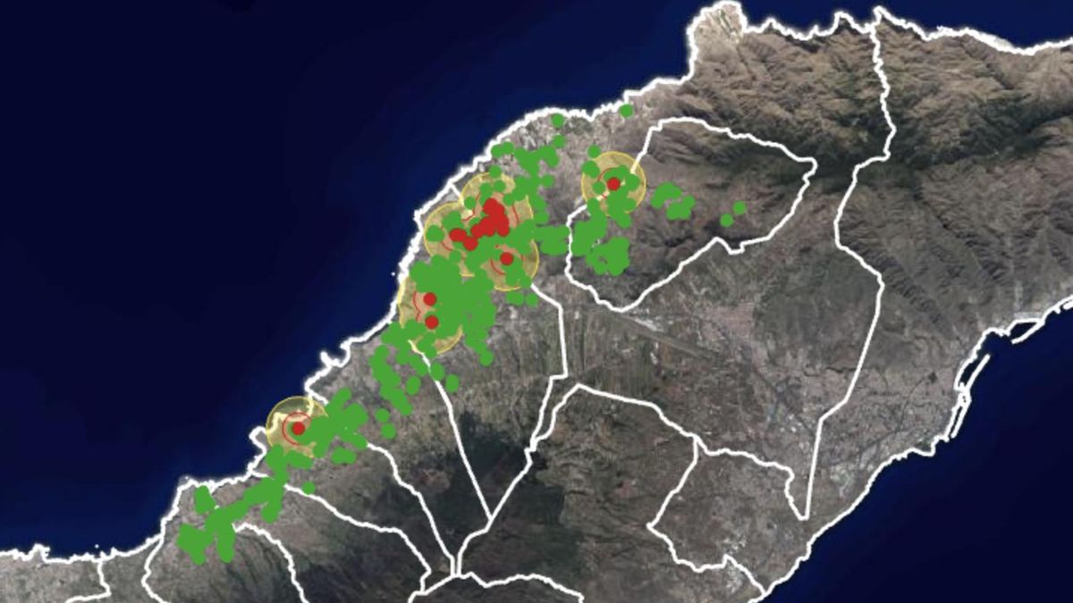 Mapa con los puntos afectados en la Tenerife.