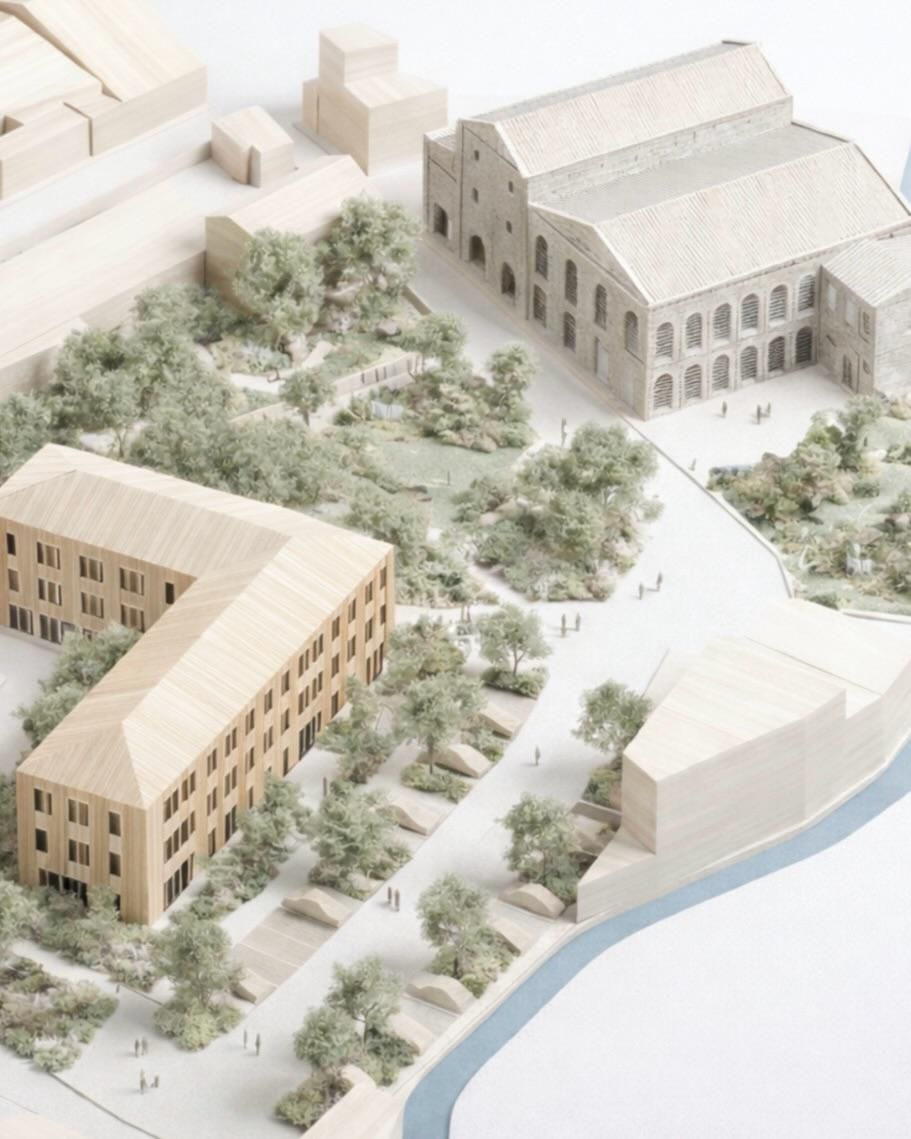 Recreació de la plaça Teixidores amb el nou edifici residencial en forma de 'L' a l'esquerra