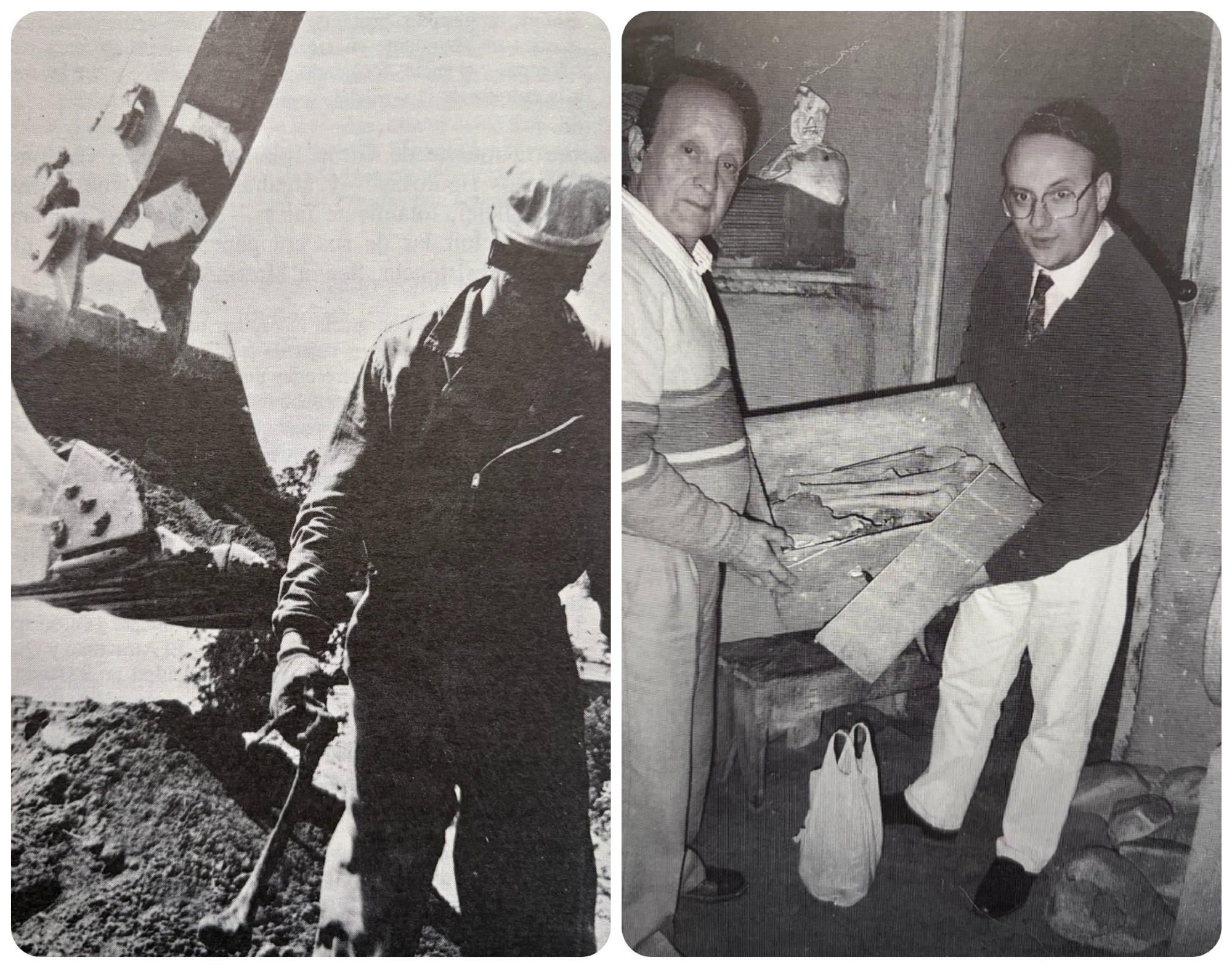 Trabajos de excavación en el cementerio del Carmen en 1983 y Alfonso Yáñez, a la izquierda, con el cajón de los restos óseos en 1991 que terminaron no siendo de Girón.