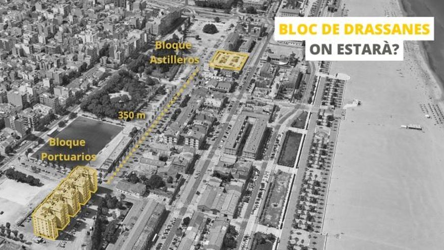 Plano con los bloques de Portuarios y la parcela en la que se ubicarán los nuevos edificios.