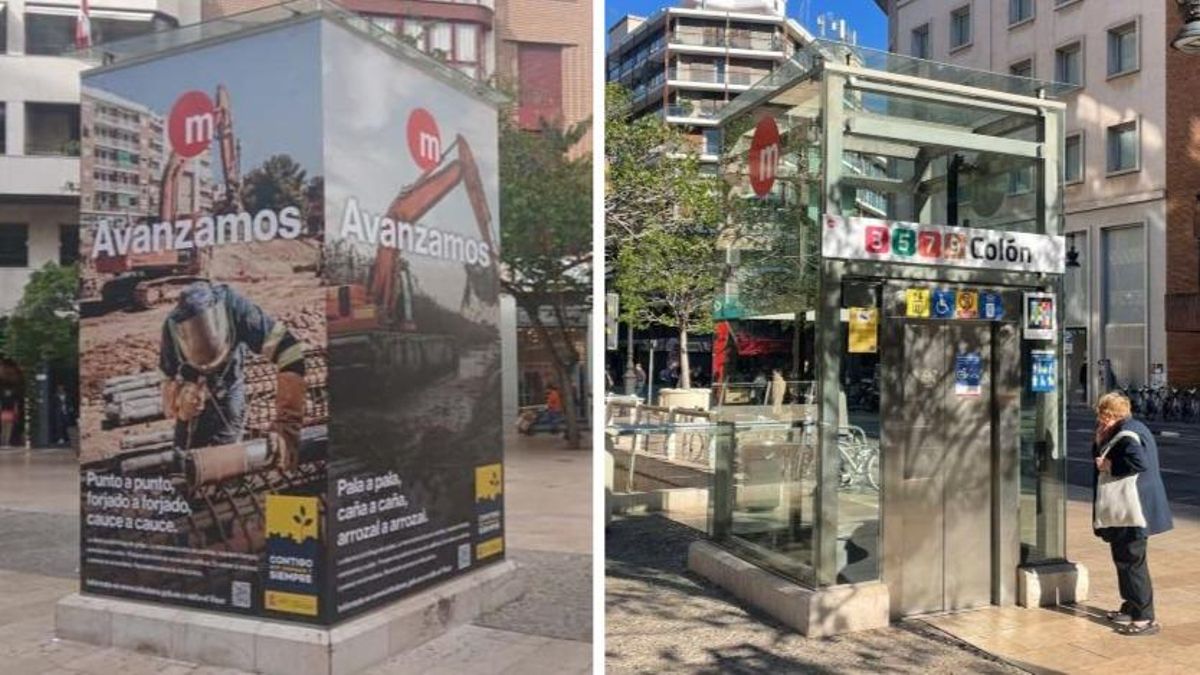 El ascensor de la estación de Colón con el vinilo publicitario y sin el vinilo.