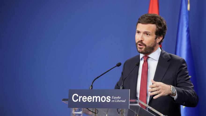 El presidente del Partido Popular, Pablo Casado, hace balance del curso político este jueves en la sede de la formación, en Madrid. EFE/ Zipi