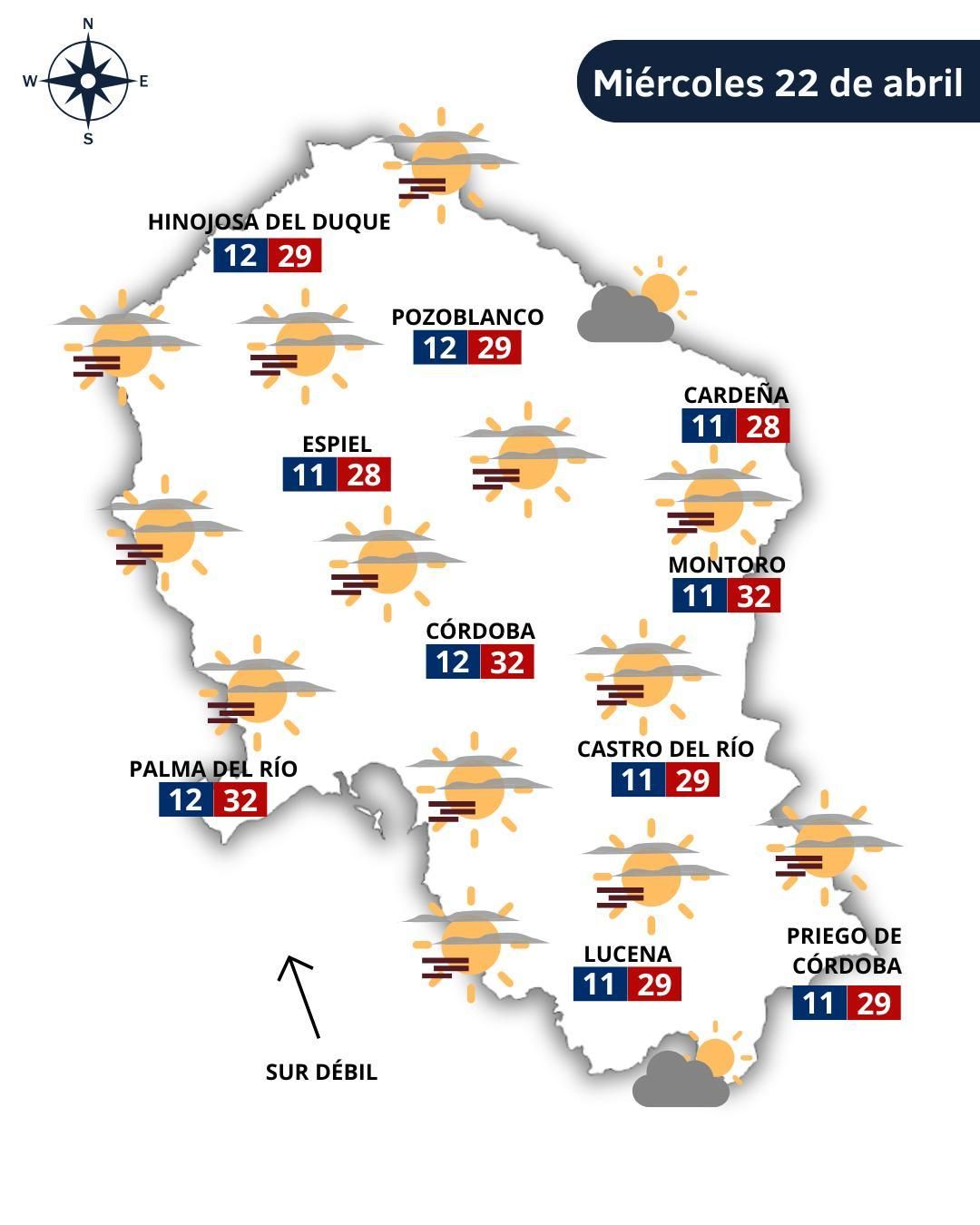 El tiempo en Córdoba el miércoles 22 de abril