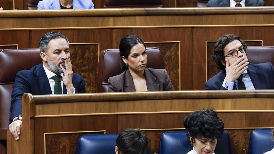 El líder de Vox, Santiago Abascal (i), su portavoz parlamentaria, Pepa Millán, y el diputado de Vox José María Figaredo durante el pleno en el que se debate y vota los decretos de vivienda del Gobierno celebrado este viernes en el Congreso de los Diputados en Madrid. EFE/JJ Guillén