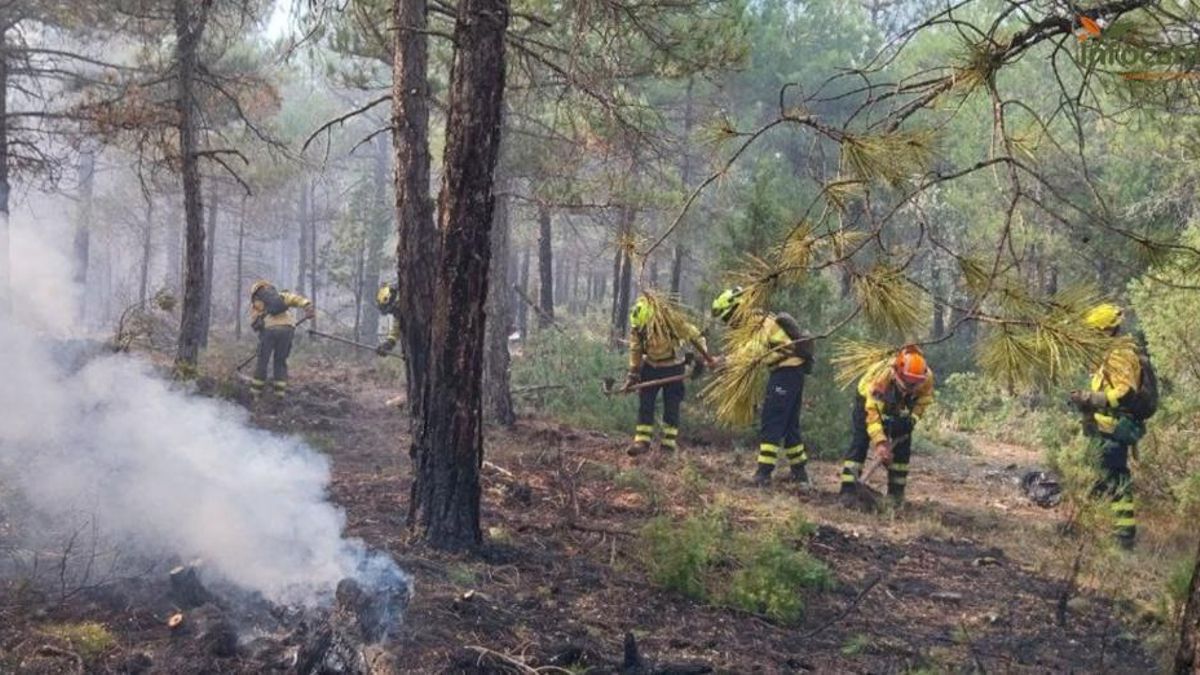 Efectivos del Plan INFOCAM en un incendio en Campillos-Paravientos (Cuenca)