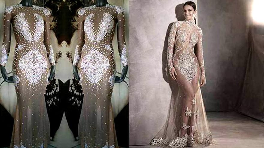 De izq. a drch. el diseño de Joshua Velázquez y Pedroche con el atuendo de Pronovias