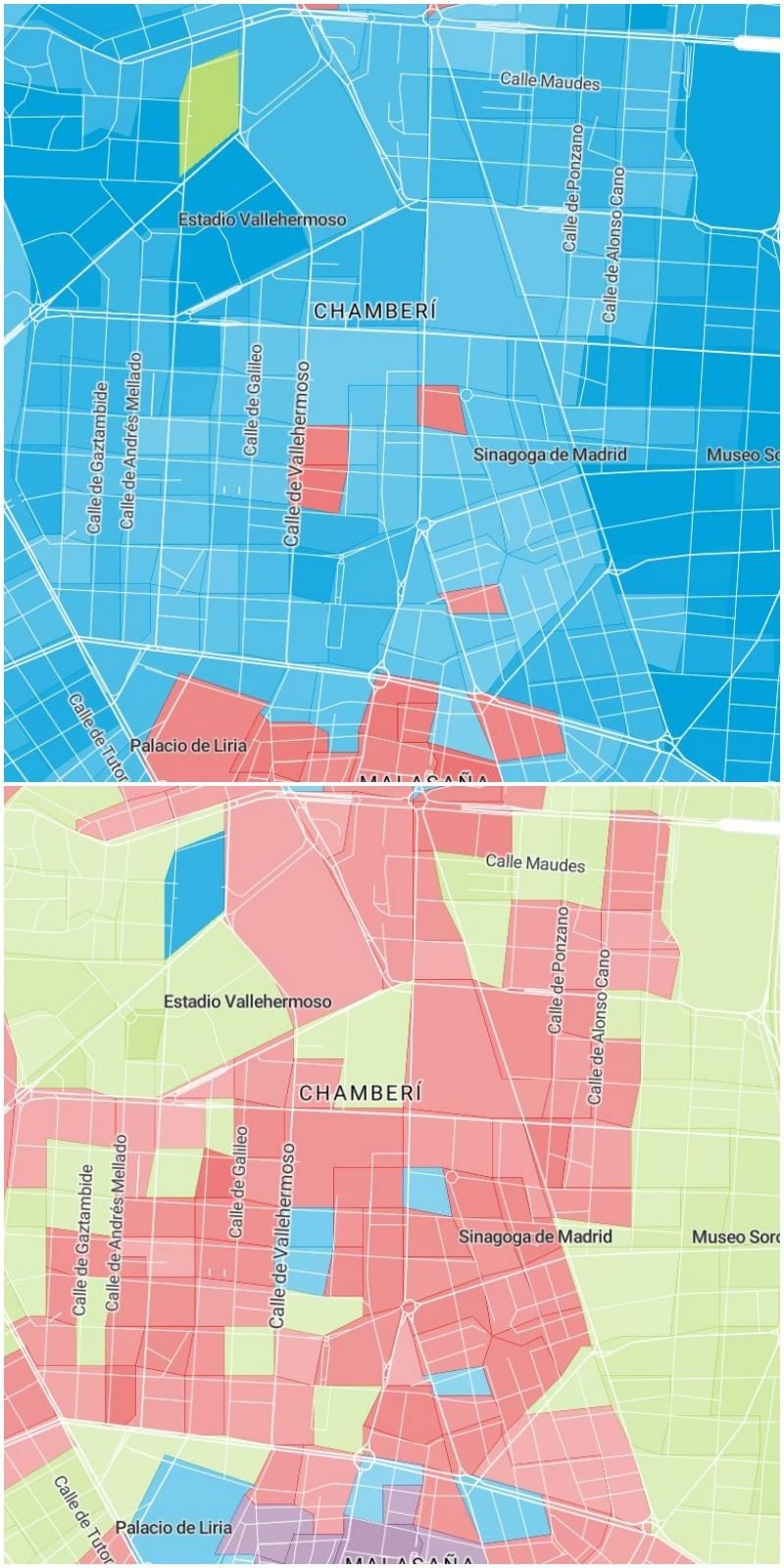 Partido más votado en las elecciones del 10-N (arriba) y segundo partido más votado (abajo) en Chamberí