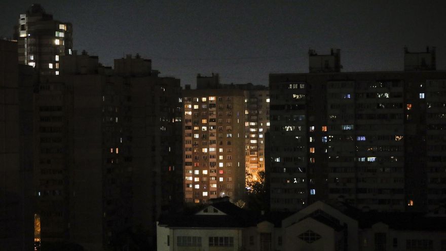 A part of the city in darkness during cyclic power cutoffs to reduce the power grid load in residential area in Kyiv (Kiev), Ukraine, 22 October 2022. Russian troops on 24 February entered Ukrainian territory, starting a conflict that has provoked destruction and a humanitarian crisis.