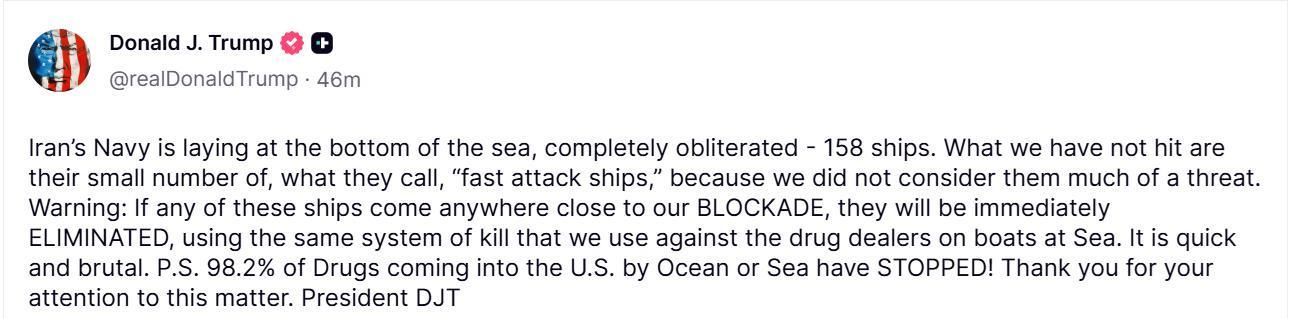 Posteo de Trump en Truth Social con advertencia a Irán.