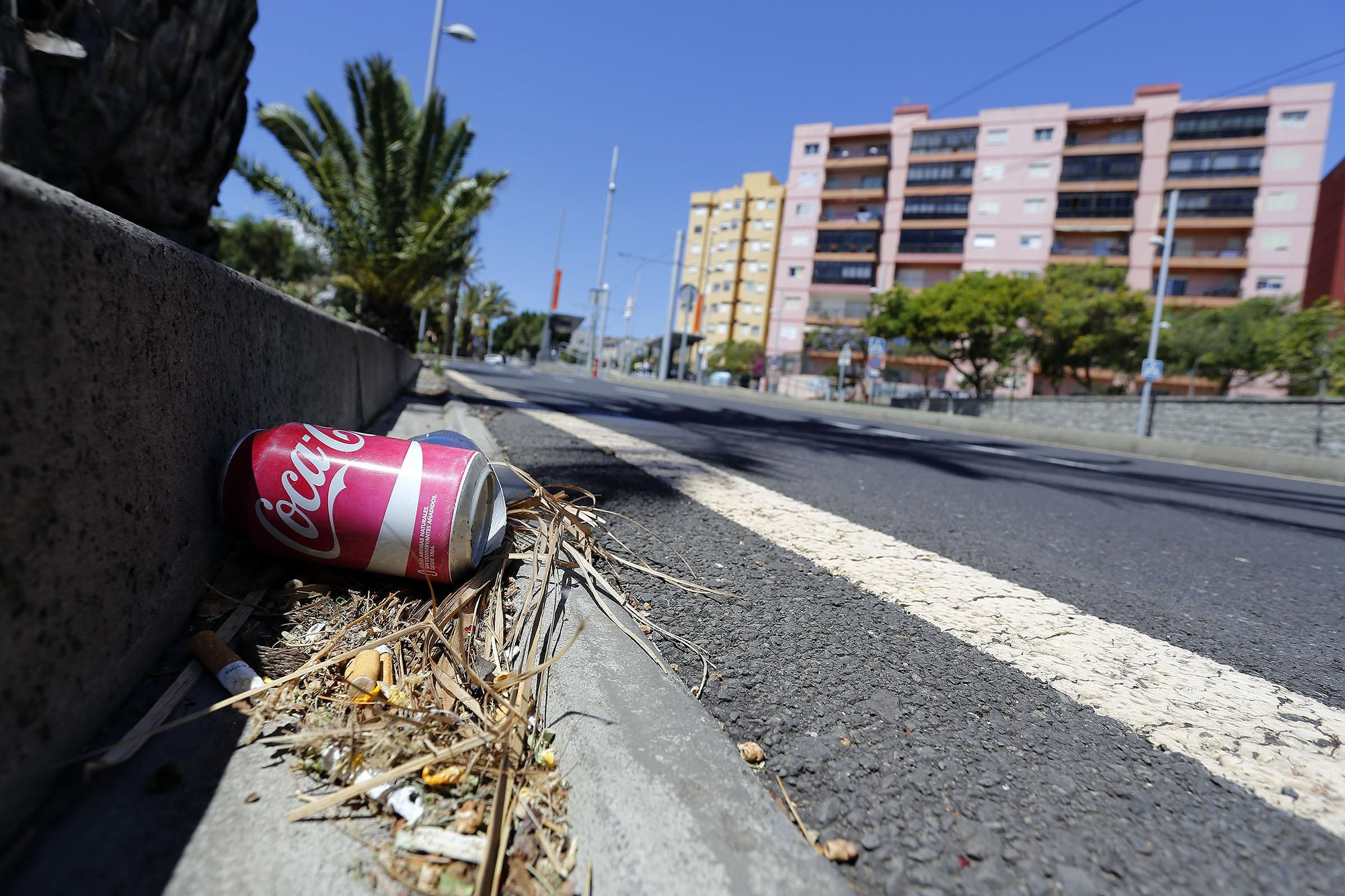Cuneta de una vía muy transitada repleta de suciedad