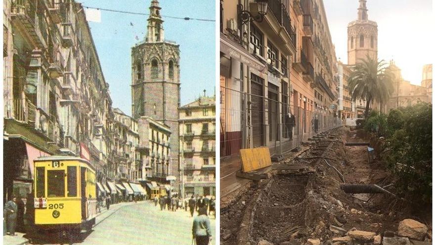 A la izquierda, el antiguo tranvía y a la derecha las vías que han aparecido durante las obras de remodelación de la plaza de la Reina.