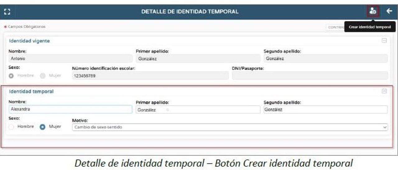 Detalle de identidad temporal del alumno trans en la aplicación informática Séneca de la Consejería de Educación del Gobierno de Andalucía