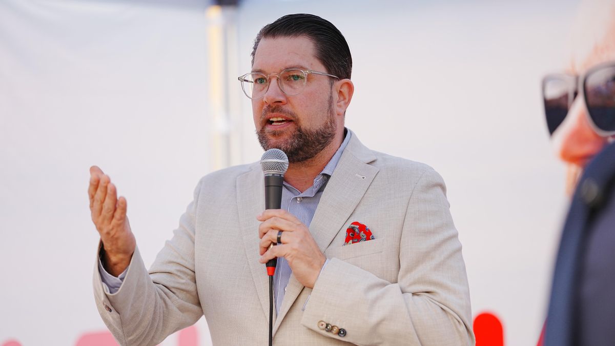 El líder de los Demócratas de Suecia, Jimmie Akesson, el lunes durante la presentación del manifiesto del partido en Nyköping.