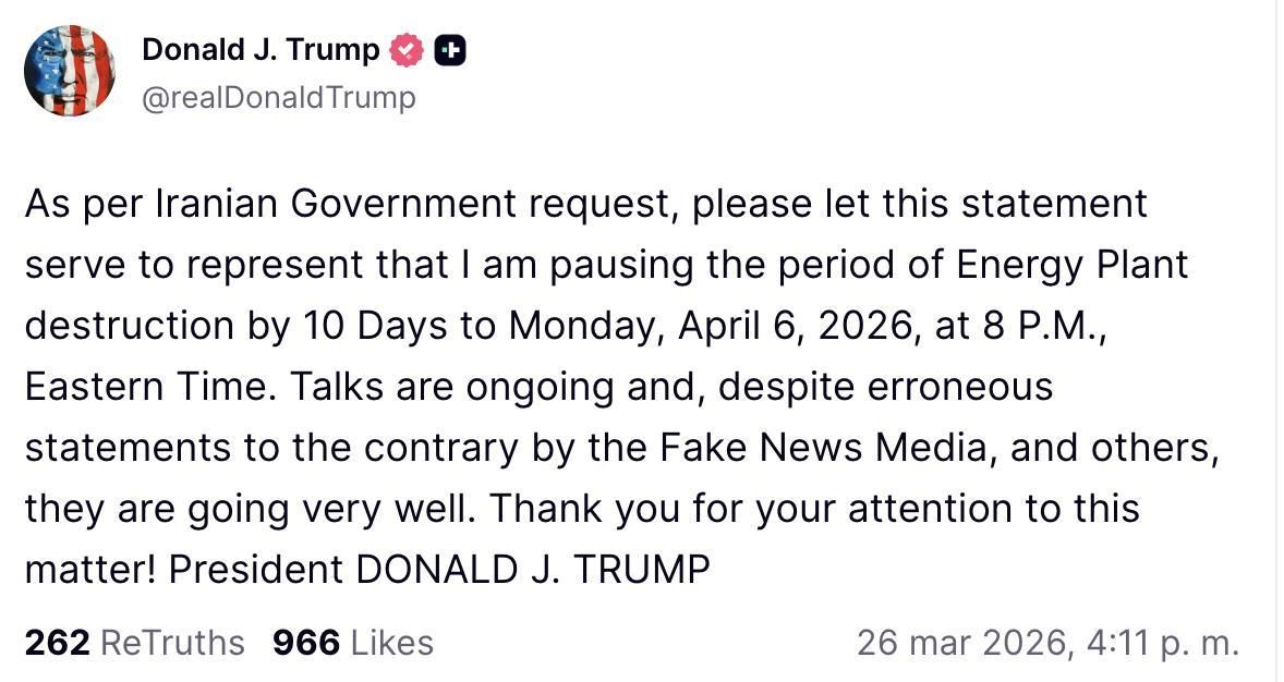Truth Social de Trump sobre el ultimátum a Irán.