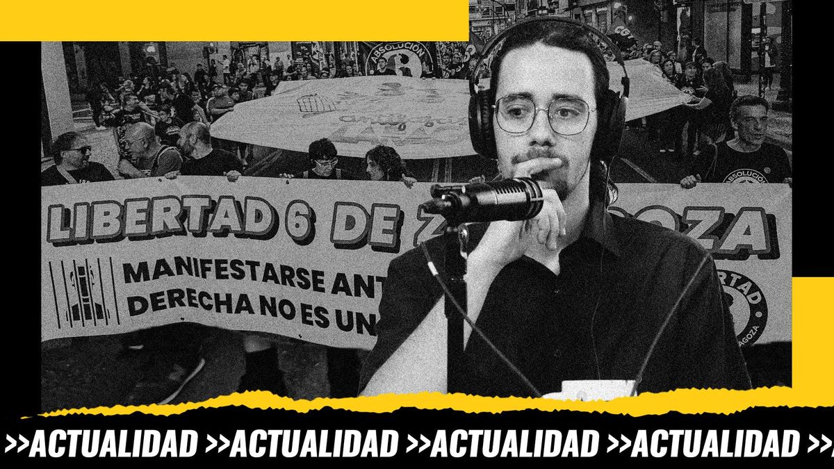 Javitxu antes de su entrada en prisión en Carne Cruda sobre una imagen de archivo de una manifestación por la liberación de los "6 de Zaragoza"