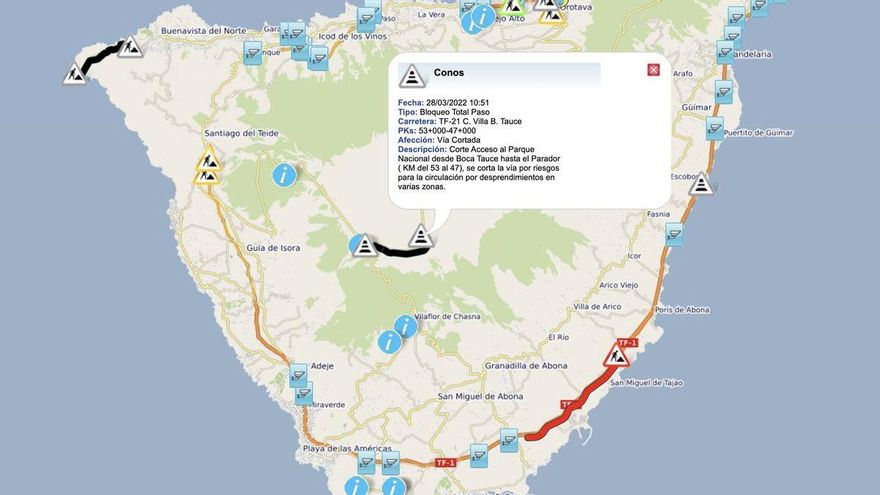 Vía cerrada este lunes por desprendimientos. / FOTO: CABILDO DE TENERIFE