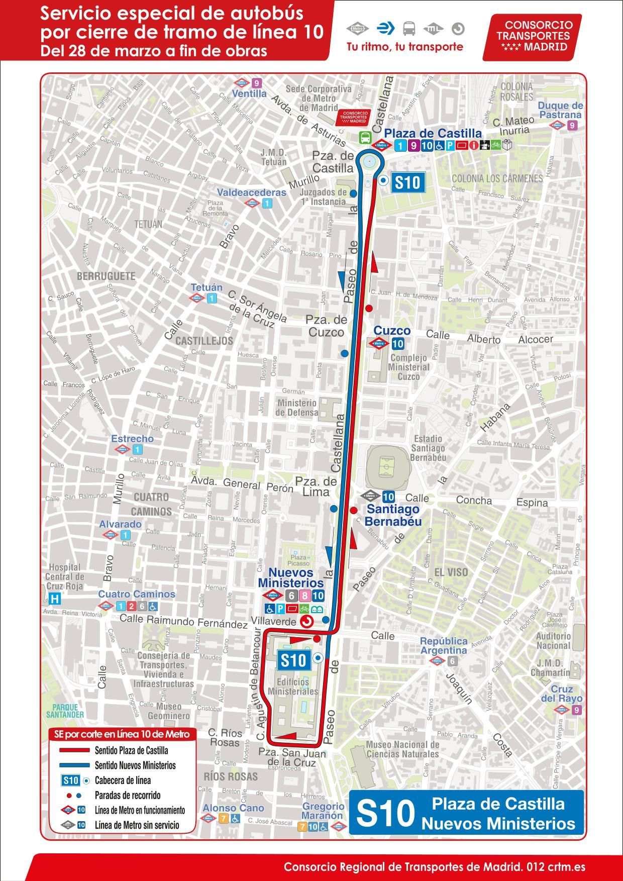 Recorrido del bus S10, que sustituirá en superficie el tramo cortado de la línea 10 de Metro