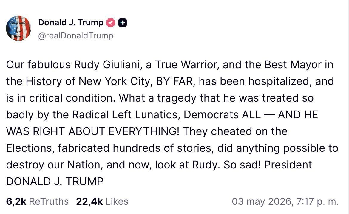 Truth Social de Trump sobre Giuliani.