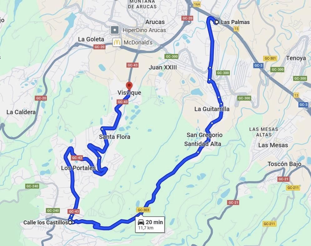 Desvío desde la GC-3, acceso a Santidad-Cardones por la GC-300 y GC-303 hasta incorporarse a la GC-43.