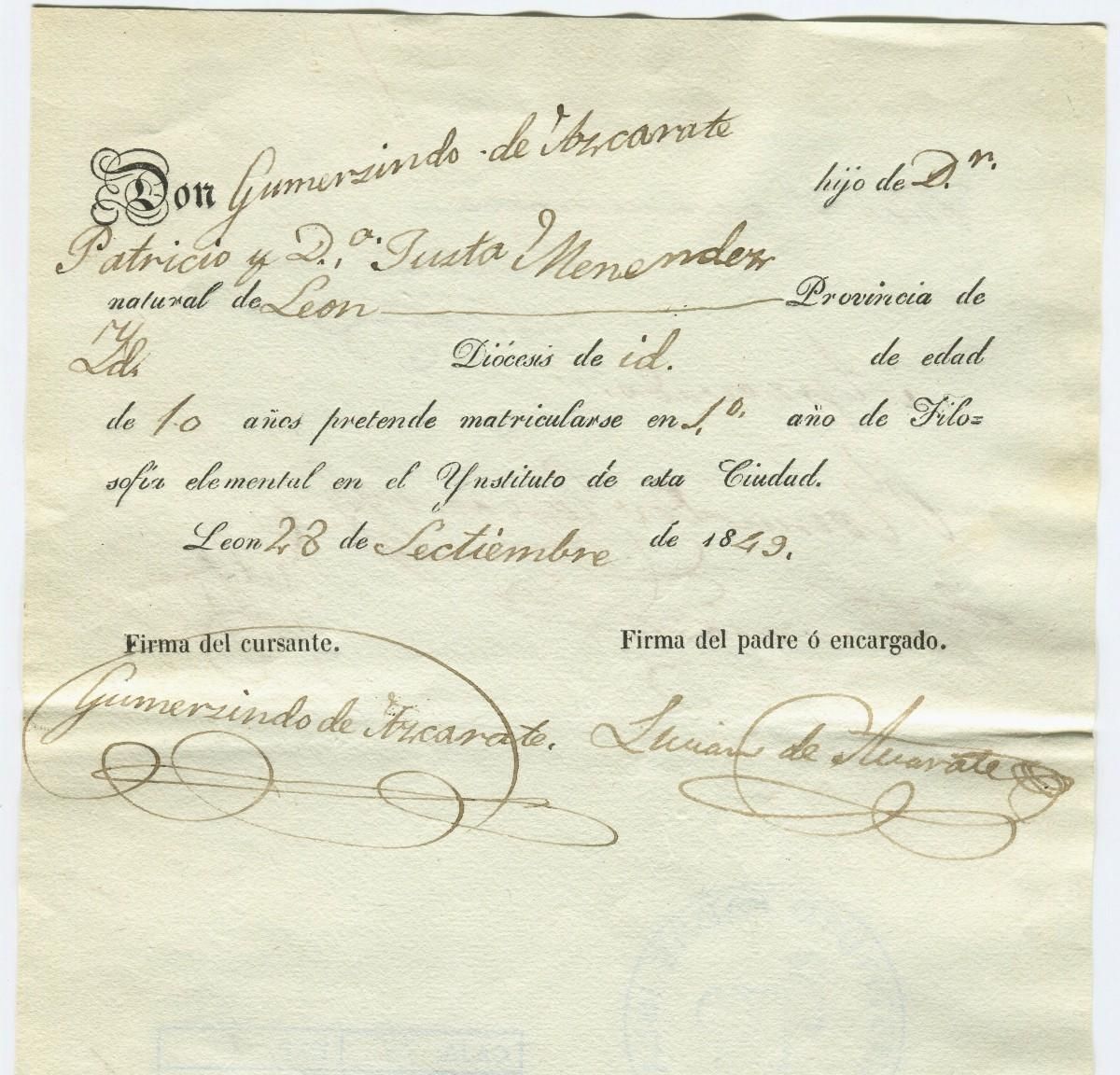 Matrícula de Gumersindo de Azcárate en el Instituto Provincial de León en 1843.