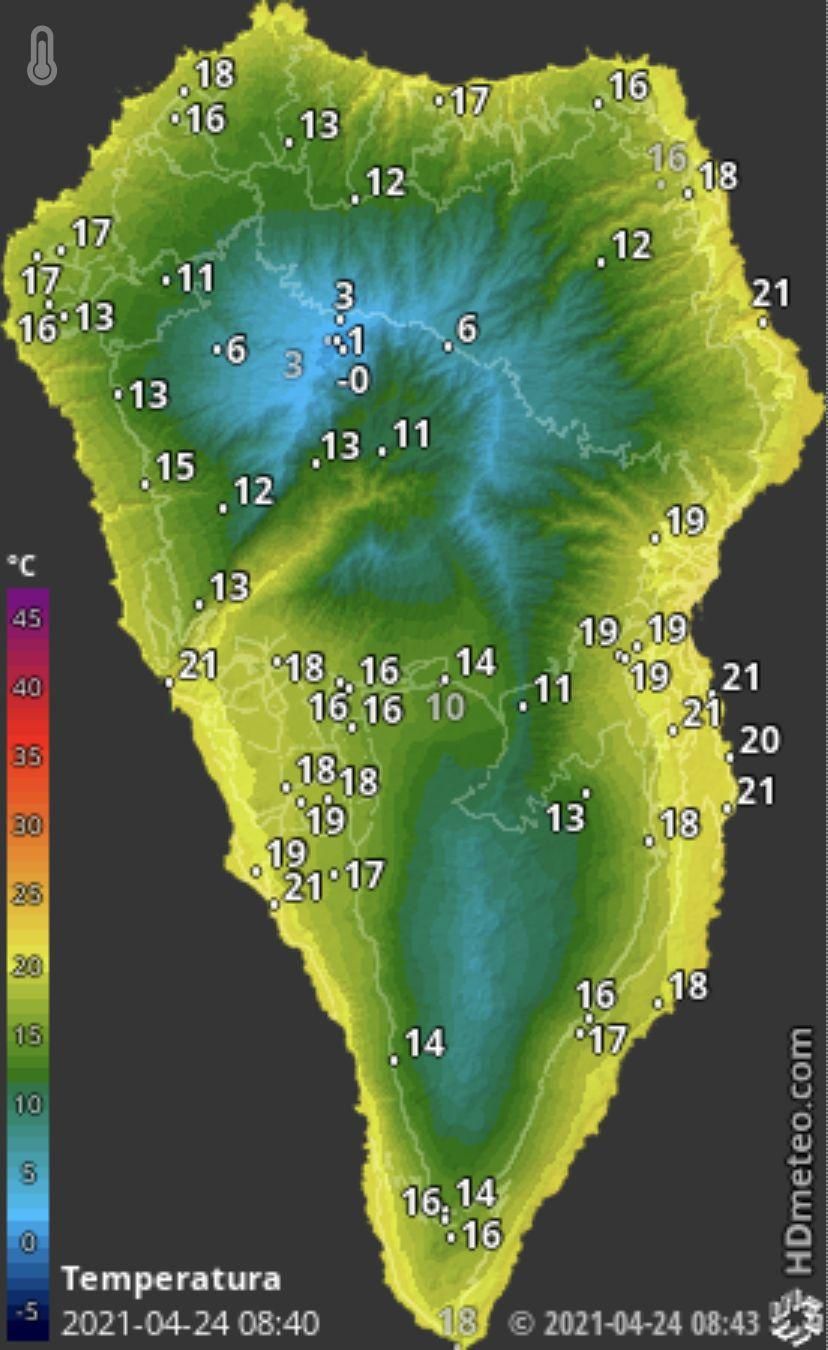 Mapa de HD Meteo La Palma donde se indica la temperatura que, a las 08.43 horas de este sábado, 24 de abril, se registraba en distintos puntos de La Palma.