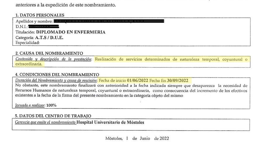 Captura de uno de los contratos eventuales que está ofreciendo la Comunidad de Madrid al personal sanitario al que prometió estabilizar.