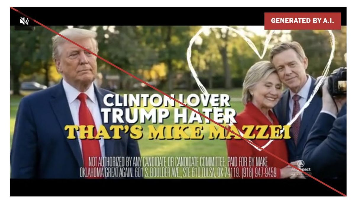 Anuncio en apoyo de un candidato republicano hecho con IA que ofrece la imagen falsa del rival demócrata abrazado a Clinton. La marca "generado por IA" no aparece en el anuncio original.