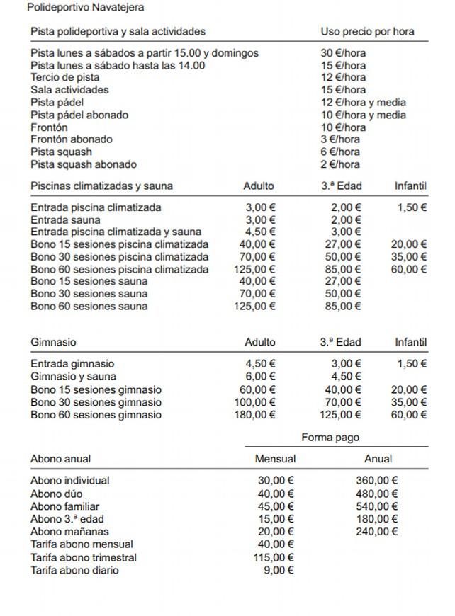 Las tarifas de 2022 del polideportivo de Nava.