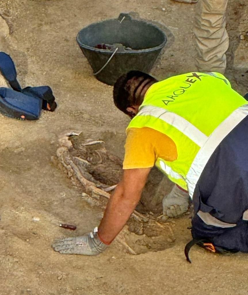 Un arqueólogo trabaja en la zona de los hallazgos el pasado jueves, con la mayoría de huesos ya retirados